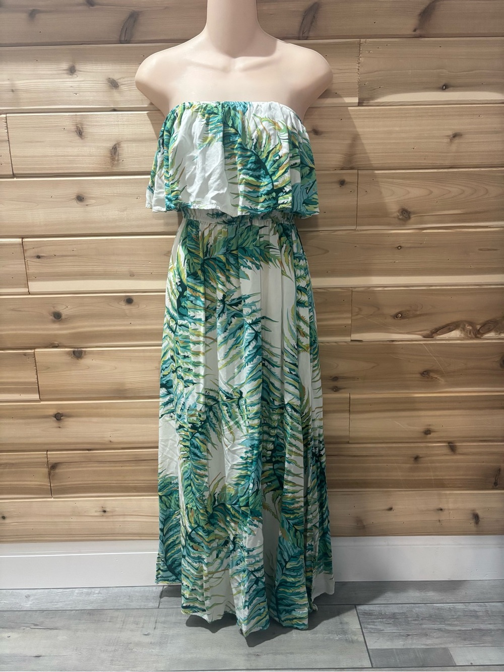 Strapless Green Palm-Print Maxi Dress